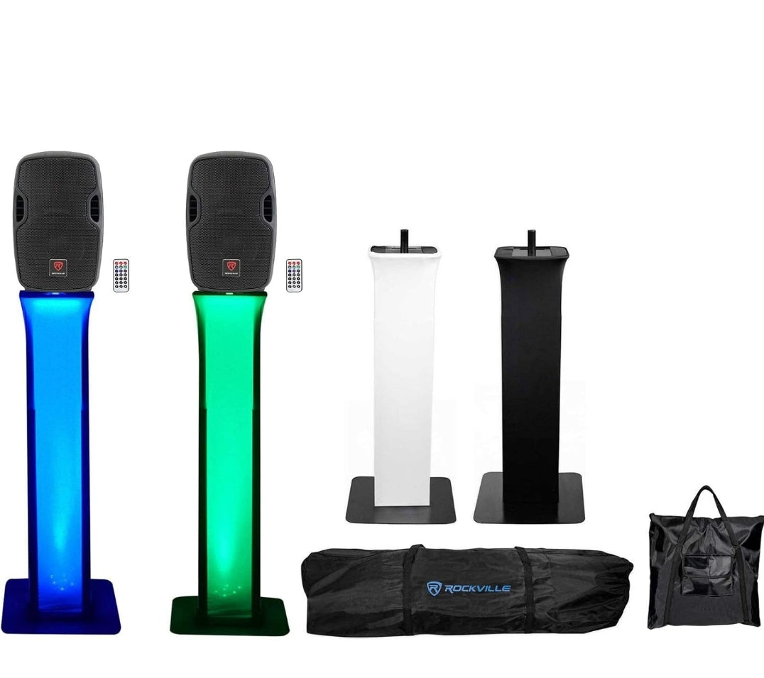 BUNDLE (2) Rockville BPA8 8" Powered 300w DJ Speakers w Bluetooth+Totem Style Stands