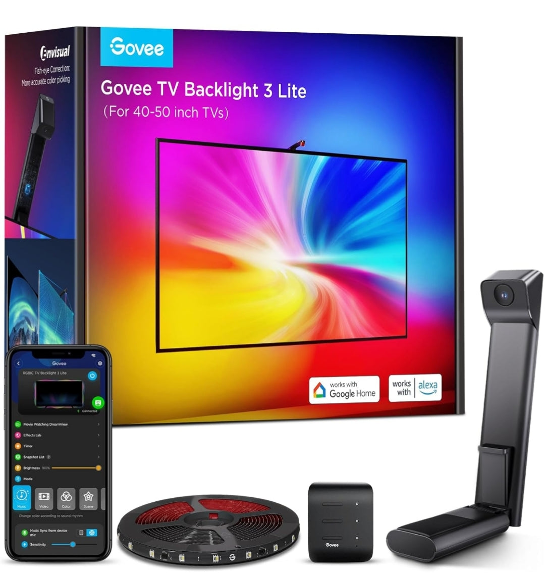 Govee TV Backlight 3 Lite with Fish-Eye Correction Function Sync to 40-50 Inch TVs, 7.8ft RGBICW Wi-Fi LED Strip Lights with Camera, 4 Colors in 1 Lamp Bead, Voice and APP Control, Adapter