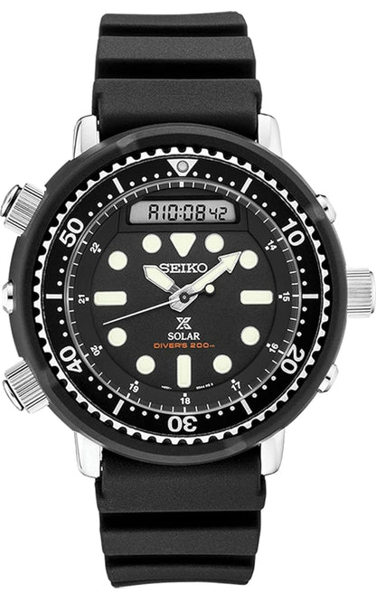 Seiko Hibried Duikhorlosie vir Mans - Prospex - Sonkrag, met Swart Wyserplaat, Liggewig-kas en Stophorlosiefunksie, 200m Waterbestand