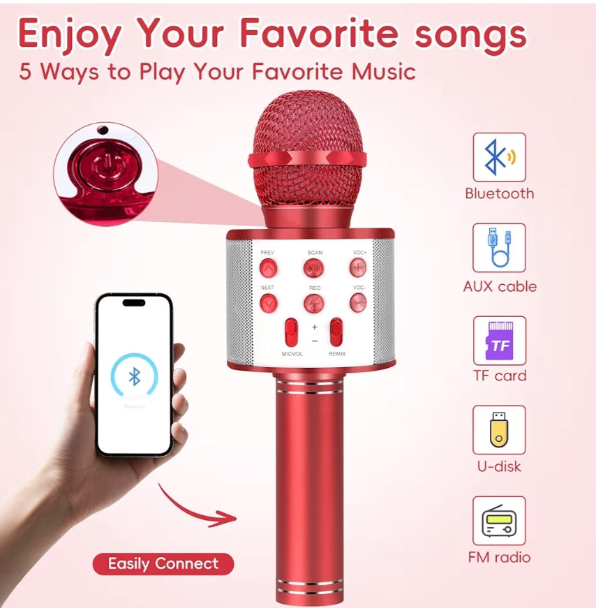 Draadlose BT 5-in-1 Draagbare Handheld Karaoke Mikrofone Luidspreker Speler Opnemer m/ Verstelbare Hervermeng FM Radio vir Kinders - Rooi