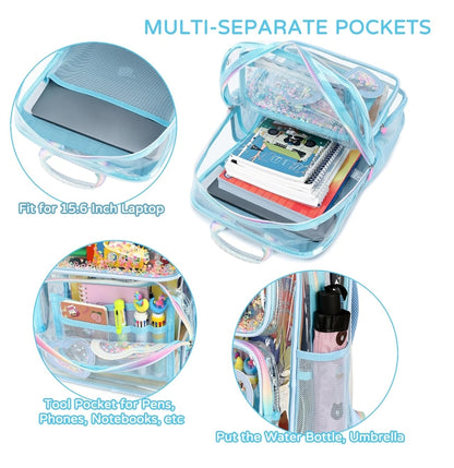 Clear Backpack for Girls Women Transparent Kids Elementary College School Bag Travel Laptop Backpacks Large Bookbags (Blue)