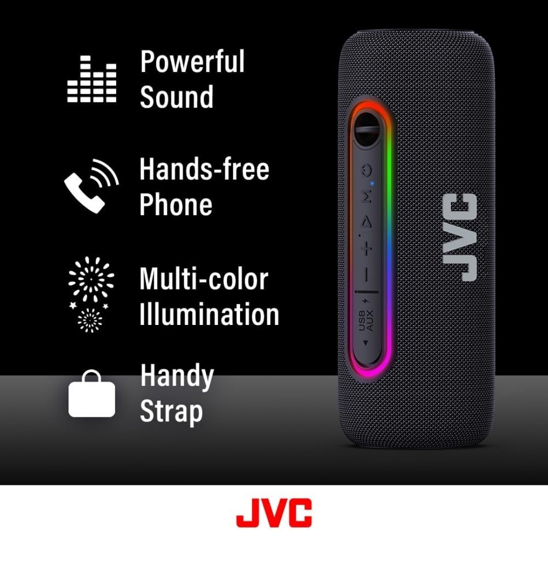 JVC Verligte Draagbare Koordlose Luidspreker met 20W maksimum uitsette, Dinamiese Klank, Bluetooth 5.0, TWS-vermoë, USB-C, IPX5, AUX-in, tot 5-uur batterylewe - SPPA5BTB (Swart)