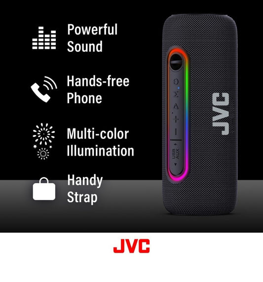 JVC Verligte Draagbare Koordlose Luidspreker met 20W maksimum uitsette, Dinamiese Klank, Bluetooth 5.0, TWS-vermoë, USB-C, IPX5, AUX-in, tot 5-uur batterylewe - SPPA5BTB (Swart)