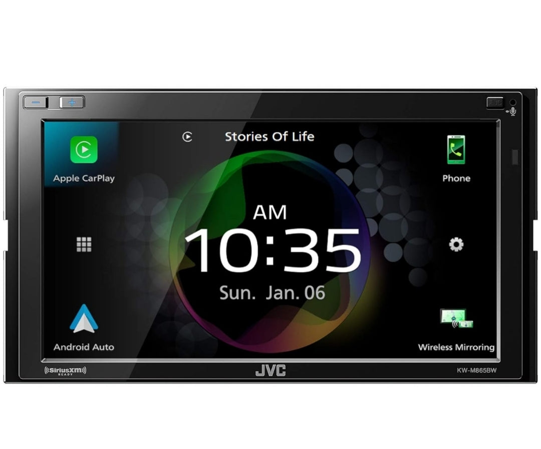 JVC Ingeboude Wi-Fi vir Draadlose CarPlay Android Auto, 6.8" LCD-raakskerm, AM/FM, Bluetooth, MP3-speler, USB-poort, Dubbel-DIN, 13-band EQ, SiriusXM Motorradio