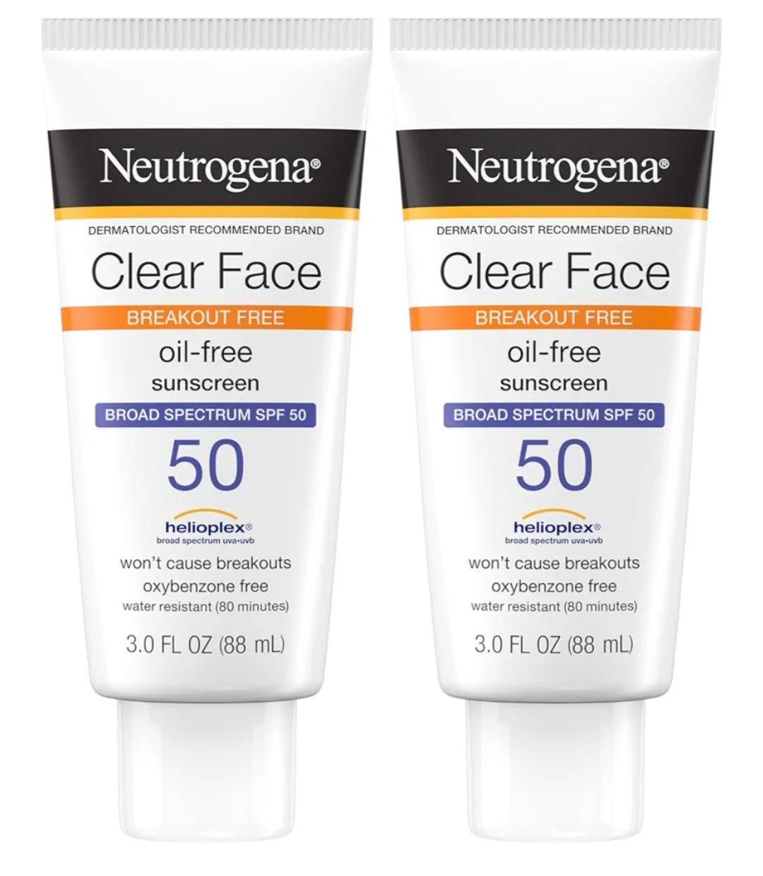 Neutrogena Clear Face Sonskermroom vir Aknee-geneigde Vel SPF 50 Vry van Geur en Oksibensoon Waterbestand Dubbelpak (88.7 ml)