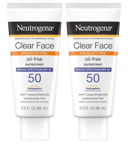 Neutrogena Clear Face Sonskermroom vir Aknee-geneigde Vel SPF 50 Vry van Geur en Oksibensoon Waterbestand Dubbelpak (88.7 ml)