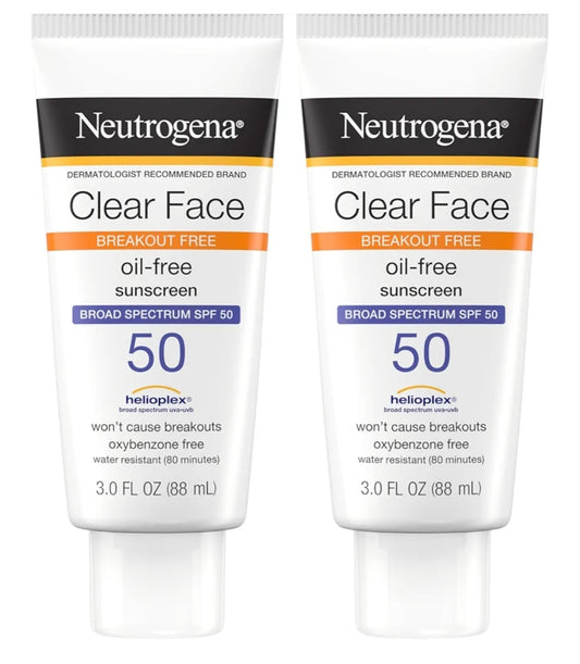 Neutrogena Clear Face Sonskermroom vir Aknee-geneigde Vel SPF 50 Vry van Geur en Oksibensoon Waterbestand Dubbelpak (88.7 ml)