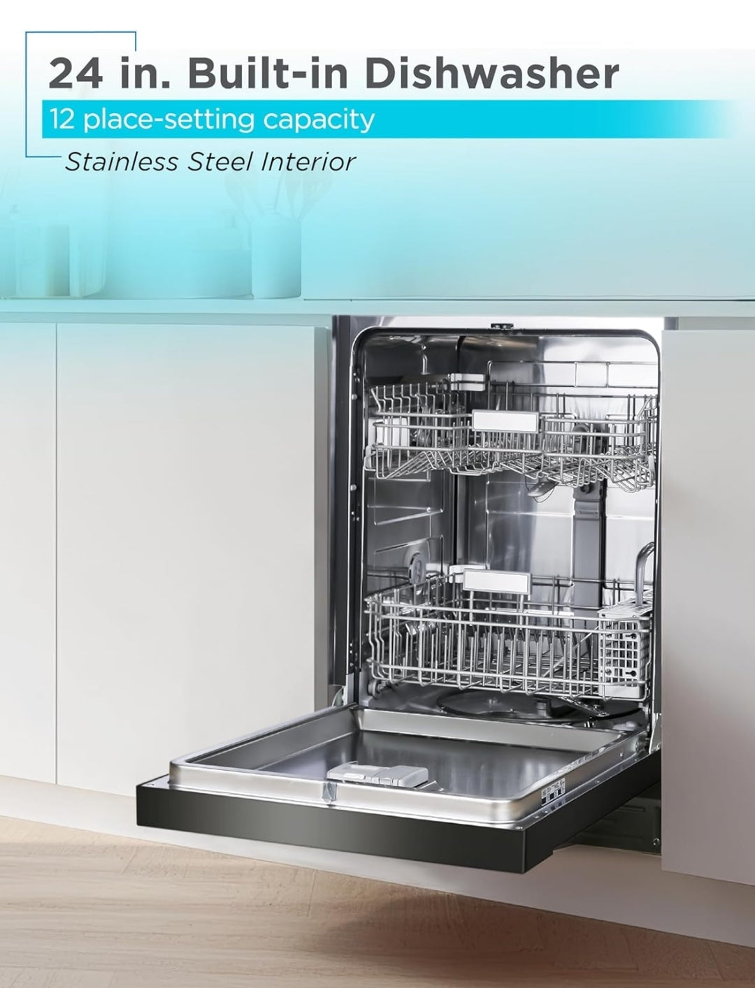 BLACK+DECKER 24" Ingeboude Skottelgoedwasser, 12-Plekkie Plaatkapasiteit met Vlekvrye Staalbad, Skottelgoedwasser met 5 Wasprogramme en Slim Wasiklus, ENERGY STAR-gesertifiseer, BDW100MB, Swart