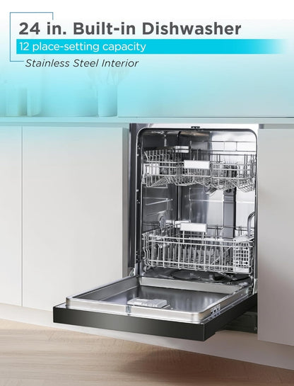 BLACK+DECKER 24" Ingeboude Skottelgoedwasser, 12-Plekkie Plaatkapasiteit met Vlekvrye Staalbad, Skottelgoedwasser met 5 Wasprogramme en Slim Wasiklus, ENERGY STAR-gesertifiseer, BDW100MB, Swart