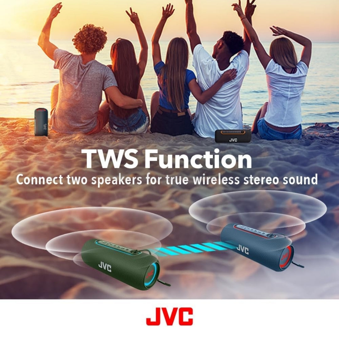 JVC Verligte Draagbare Koordlose Luidspreker met 20W maksimum uitsette, Dinamiese Klank, Bluetooth 5.0, TWS-vermoë, USB-C, IPX5, AUX-in, tot 5-uur batterylewe - SPPA5BTG (Groen)