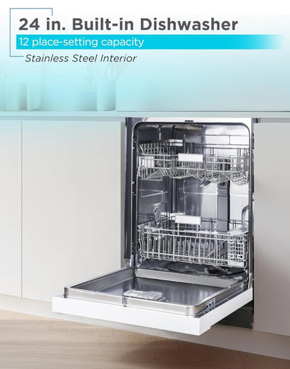 BLACK+DECKER 24" Ingeboude Skottelgoedwasser, 12-Plek Instelling Kapasiteit met Vlekvrye Staal Bad, Skottelgoedwasser met 5 Wasprogramme en Slim Wasiklus, ENERGY STAR Gesertifiseer, BDW100MW, Wit