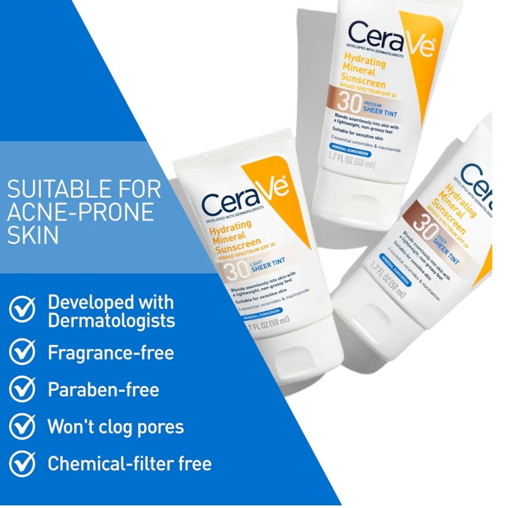 CeraVe Hydrating Mineral Sunscreen SPF 30 Getinte Mineraal Sonskerm met Sinkoksied en Titaandioksied (1.7 Oz)
