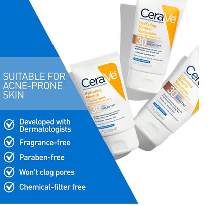 CeraVe Hydrating Mineral Sunscreen SPF 30 Getinte Mineraal Sonskerm met Sinkoksied en Titaandioksied (1.7 Oz)