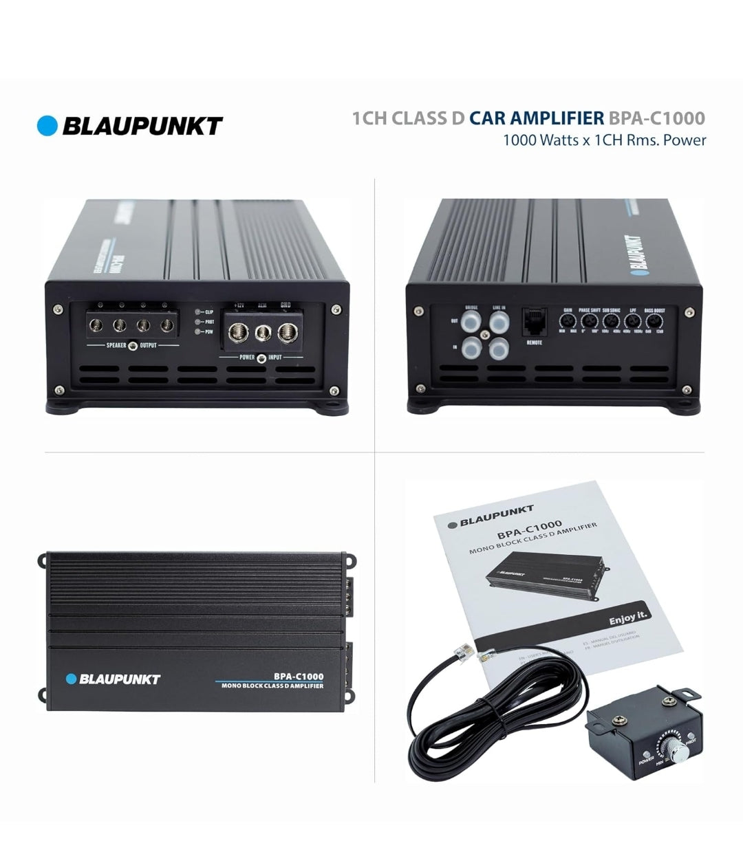 BLAUPUNKT BPA-C1000 Elite C-Series Car Audio Mono Block Class D Amplifier - 1000 Watts x 1-Channel Rms - 2000 Watts Max Power Monoblock Amp - Black