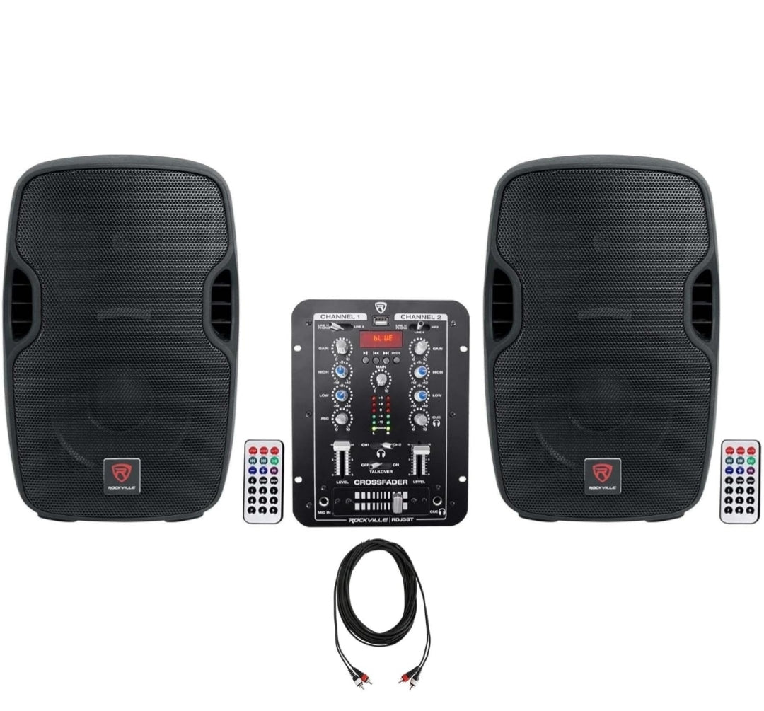 Rockville Bundle: (2) BPA10 10" Professional Powered Active 400w DJ PA Speaker Bundle with RDJ3BT 2 Ch DJ Mixer PACKAGE