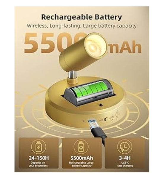 LED Spotlight Indoor, 5500mAh Rechargeable Battery Uplighting, Wireless Mini Art Accent Spot Lights w/ Remote (2Pk - Gold)