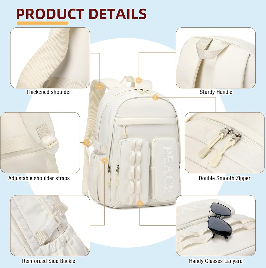 College Bookbag Laptop Backpacks 15.6 Inch Kids Elementary School Bag for Teens Girls Boys Water Resistant Sport Travel Back Pack Women Men Work Business Computer Rucksack Off White