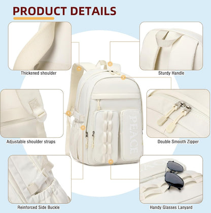College Bookbag Laptop Backpacks 15.6 Inch Kids Elementary School Bag for Teens Girls Boys Water Resistant Sport Travel Back Pack Women Men Work Business Computer Rucksack Off White