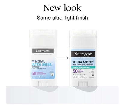 Neutrogena Ultra Sheer Dry Touch SPF 50 Minerale Sonskermstokkie vir Sensitiewe Vel Geen Wit Residu & Veganisties - 1.5 oz