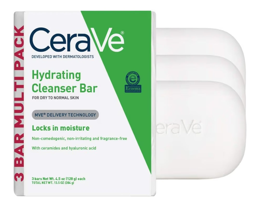 CeraVe Hydrating Cleanser Bar, Seepvrye Liggaam- en Gesigsreiniger met 5% Bevogtigende Room, Reukvry, 3-pak, 4.5 Ons Elk