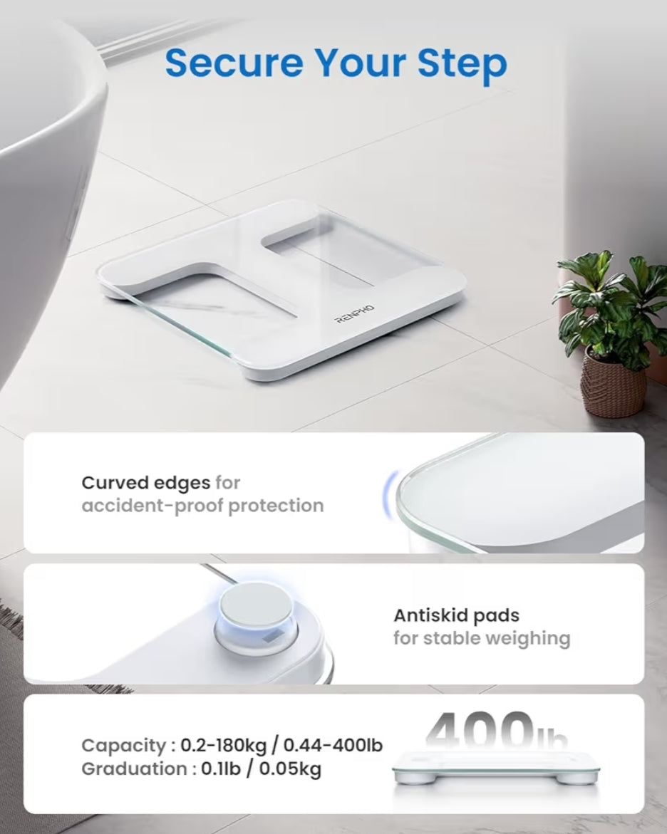 Digital Scale for Body Weight, Highly Accurate Weighing Machine w/ Transparent Tempered Glass, Clear LED Display - 400 lb (White)