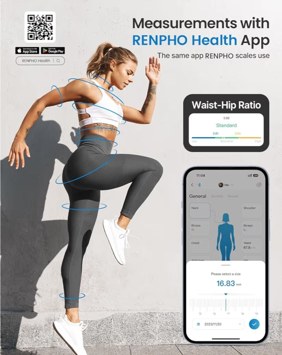Body Measuring Bluetooth Smart Tape Measure w/ Lock Hook & Retractable Function, Accurate Body Fat Measurement Device - 60in /150cm