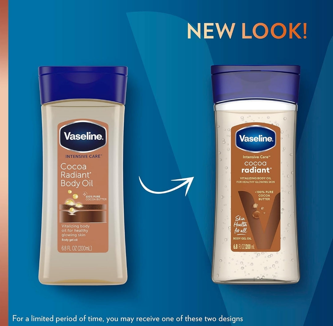 Vaseline Intensive Care Cocoa Radiant Pack of 3 for Glowing Skin Body Gel Oil Made with Pure Cocoa Butter + Replenishing Oils 6.8 oz