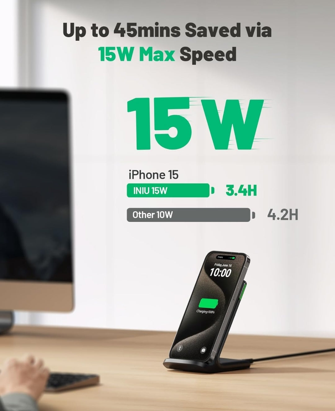 INIU Wireless Charger, 15W Fast Qi Certified Wireless Charging Station with Sleep-Friendly Adaptive Light Compatible with iPhone 16 15 14 13 Pro XS 8 Plus Samsung Galaxy S25 S24 S23 Note 20 Google etc