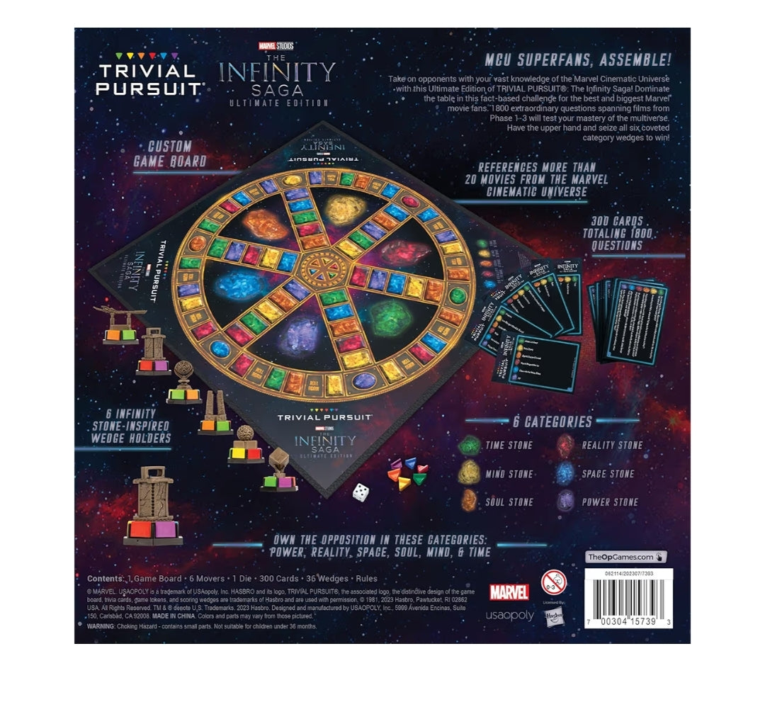 Trivial Pursuit: Marvel Cinematic Universe Ultimate Edition | Officially Licensed | Collectible Trivia Board Game Featuring 6 Infinity Stone Location Movers, 1800 Questions, MCU Phases 1-3