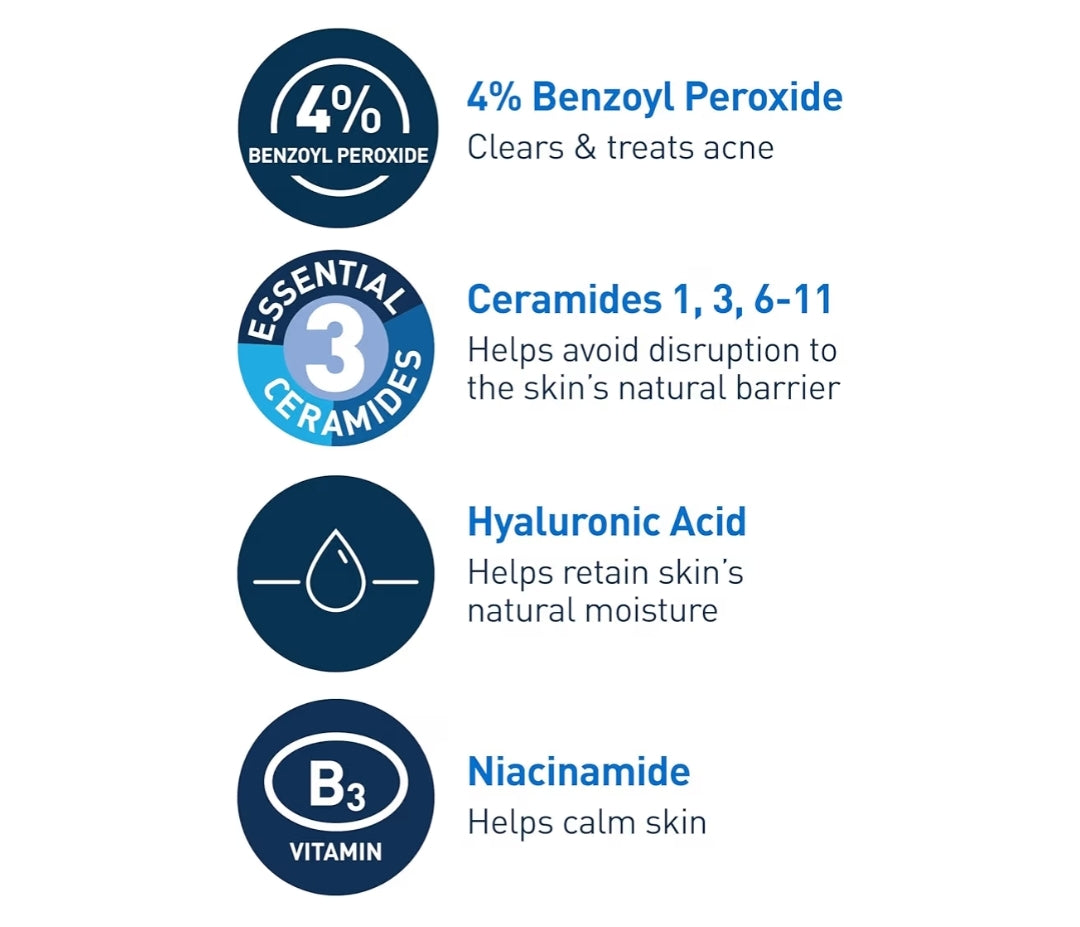 CeraVe Aknee Skuimende Roomreiniger, 4% Bensielperoksied Gesigwas met Hialuroonsuur, Niasinamied en Seramiede