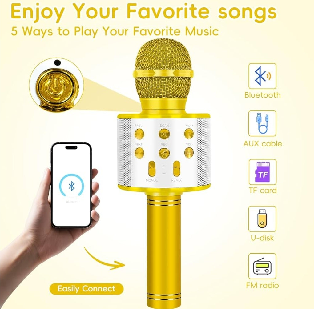 Wireless BT 5-in-1 Portable Handheld Karaoke Mic Speaker Player Recorder w/ Adjustable Remix FM Radio - (Gold)