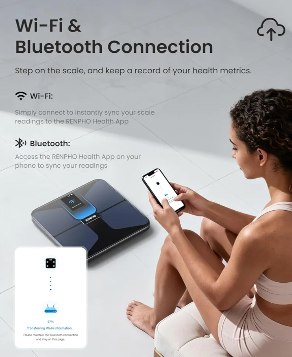 Scale with BMI, Body Fat, Muscle Mass, Smart Scale for Body Weight, Wi-Fi & Bluetooth Body Composition Scale - Rechargeable