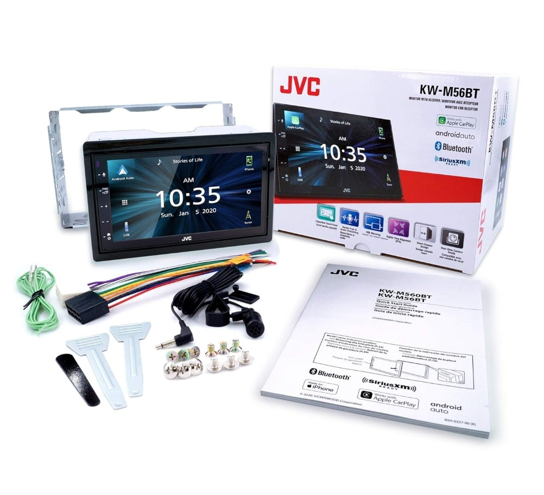 JVC KW-M56BT Apple CarPlay Android Auto Multimedia Speler met 6.8" Kapasitiewe Raakskerm, Bluetooth Oudio en Hands-Free Oproepe, MP3 Speler, Dubbel DIN, 13-Band EQ, SiriusXM, AM/FM Motorradio
