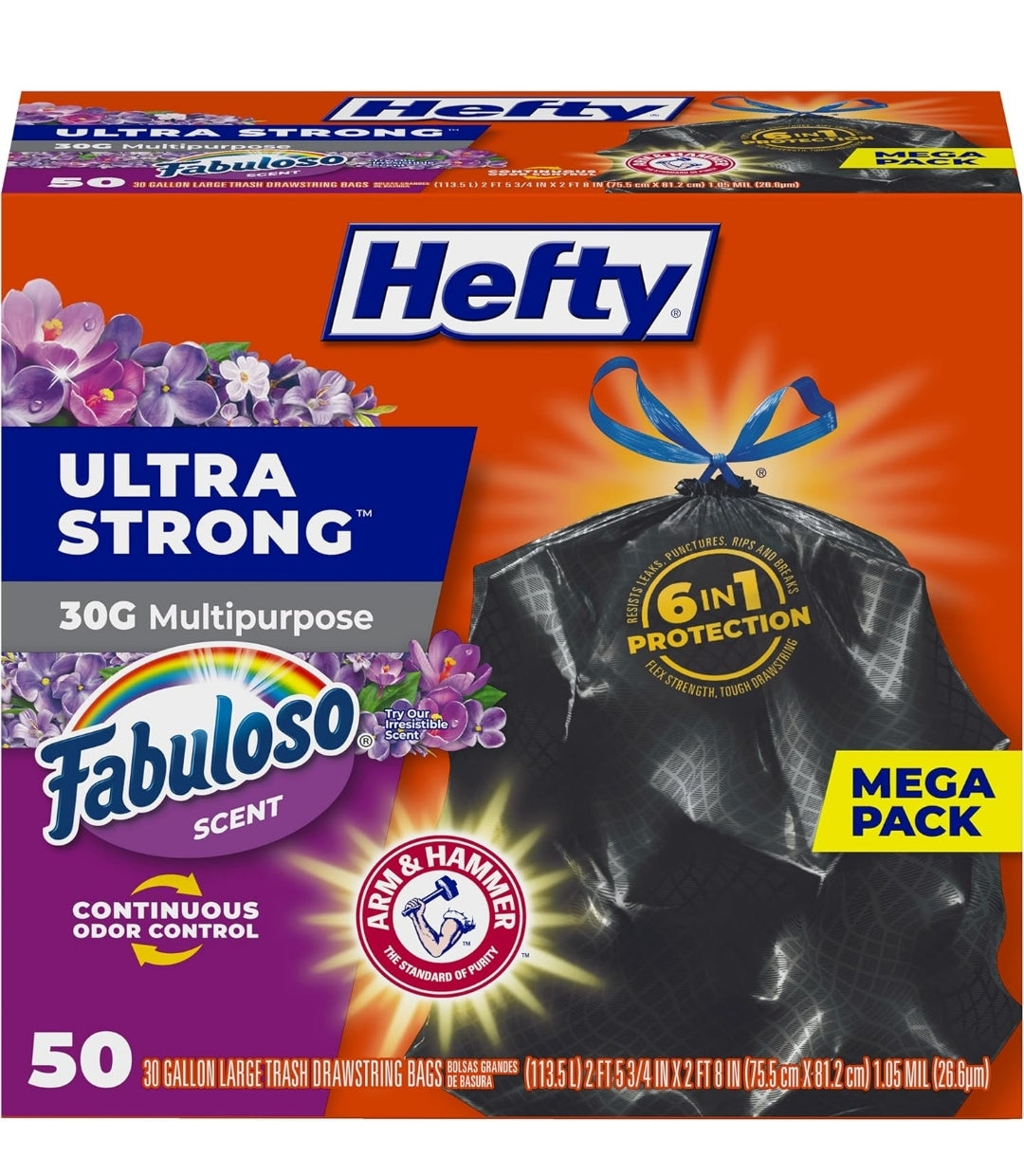 Hefty Ultra Strong 30 Gallon Trash Bags 30 Gallon Size Drawstring Closure (Black) Fabuloso Scent - 50 Bags