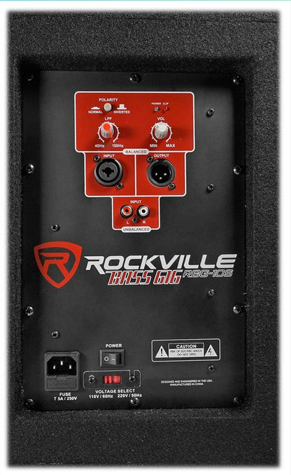 Rockville RBG10S Aktiewe PA-Subwoofer, Kompak, 10", 1200W, Diep Bas, Veranderlike Crossover, Ingeboude Beperker, Paalmontering, Ideaal vir DJ, Huispartytjies