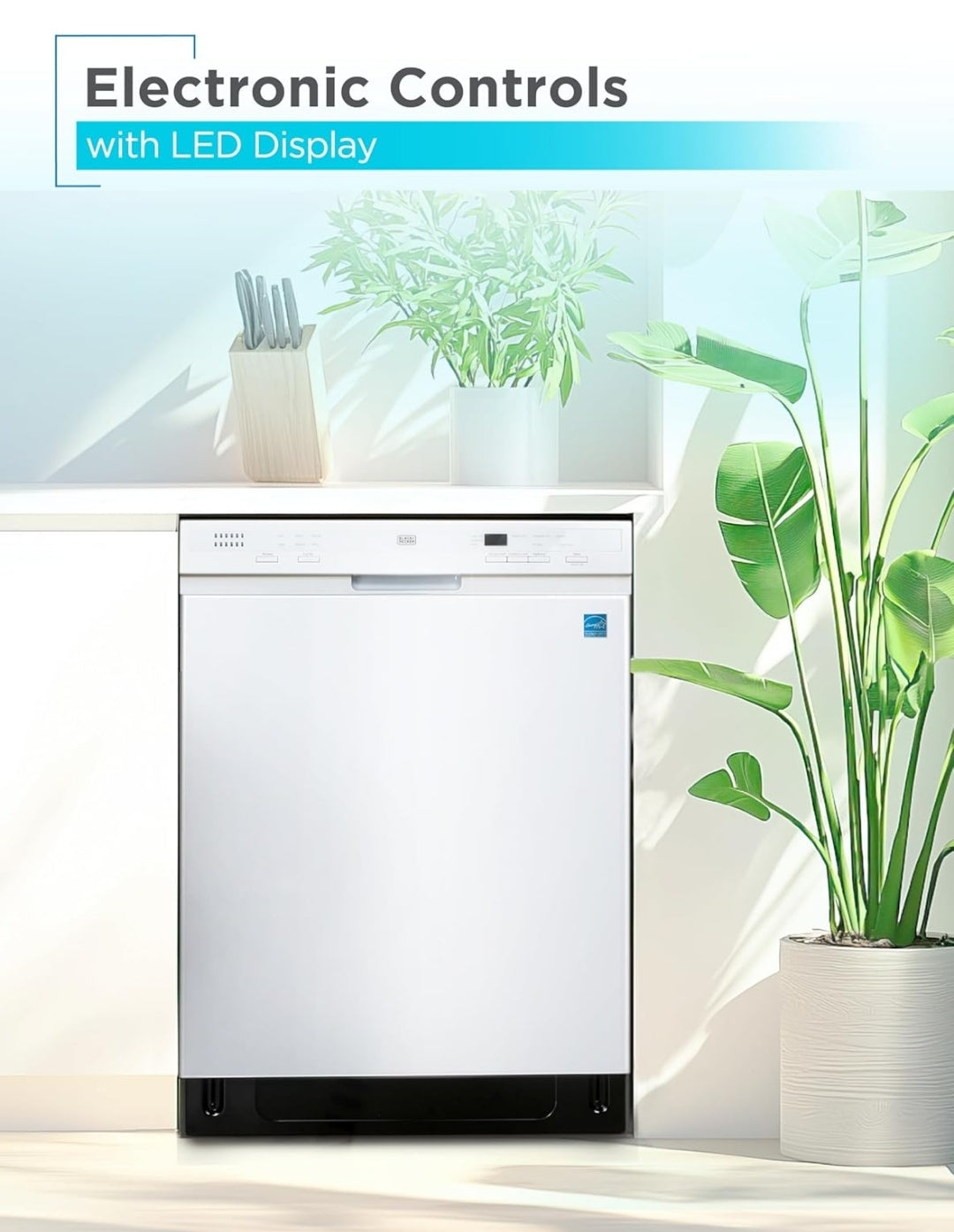BLACK+DECKER 24" Ingeboude Skottelgoedwasser, 12-Plekkestel Kapasiteit met Vlekvrye Staal Bad, Skottelgoedwasser met 6 Wasprogramme, Lae Geraas, ENERGY STAR Gesertifiseer, BDW200MW, Wit