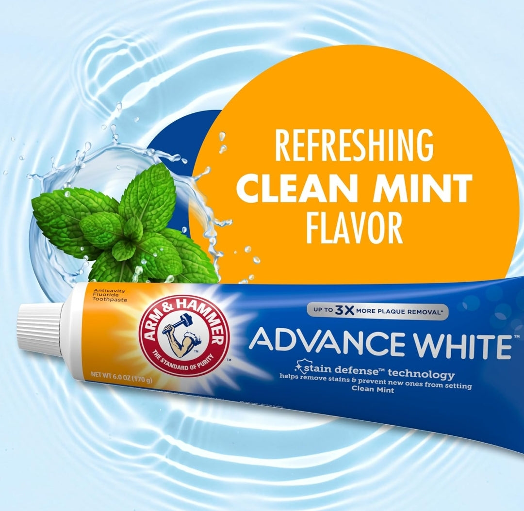 ARM & HAMMER Advance White Toothpaste Whitening Baking Soda Stain Defense - Clean Mint Flavor 6.0 Oz (Pack of 4)