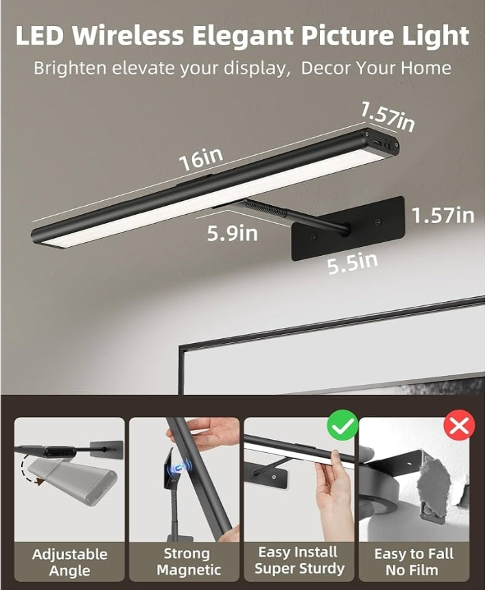 Picture Light for Wall, 4800mAh Rechargeable Wireless Remote Battery Lights, 16In Dimmable Magnetic LED Light, Colors Temperatures