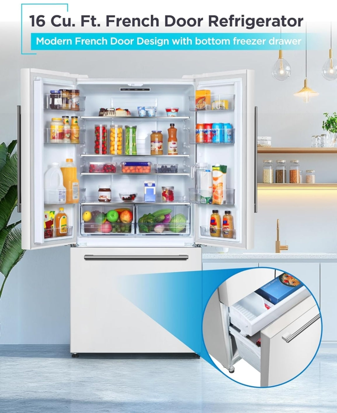 BLACK+DECKER 16 Kub. Vt. Franse Deur Yskas met Ingeboude Ysmaker, Volgrootte Yskas met Ondergemonteerde Vrieslaai, ENERGY STAR gesertifiseer, Wit