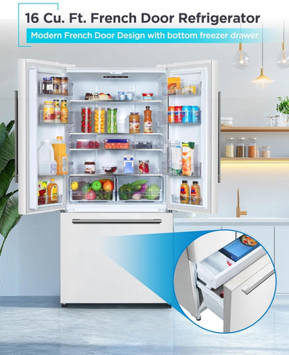 BLACK+DECKER 16 Kub. Vt. Franse Deur Yskas met Ingeboude Ysmaker, Volgrootte Yskas met Ondergemonteerde Vrieslaai, ENERGY STAR gesertifiseer, Wit