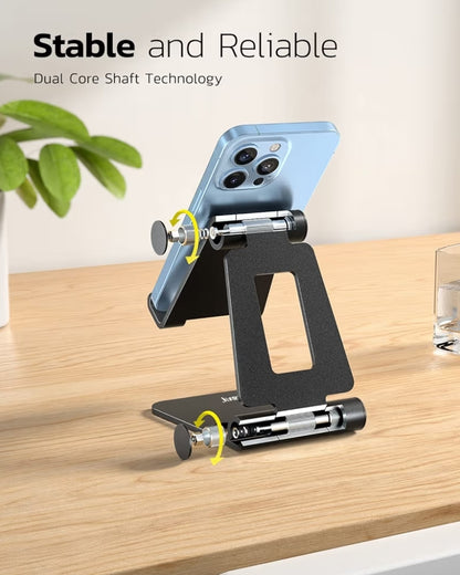 Dubbelvoubare ten volle verstelbare opvoubare foonstaander-dok versoenbaar met iPhone 11-17 Pro Max Xs Xr X 8, Nintendo Switch, Alle selfone - (Swart)