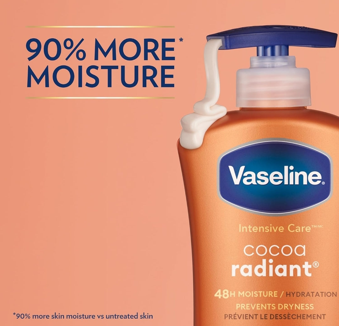 Vaseline Intensive Care Body Lotion Cocoa Radiant 4 Count for Dry Skin Lotion Made with Ultra-Hydrating Lipids and Pure Cocoa Butter for a Long-Lasting, Radiant Glow 20.3 Oz