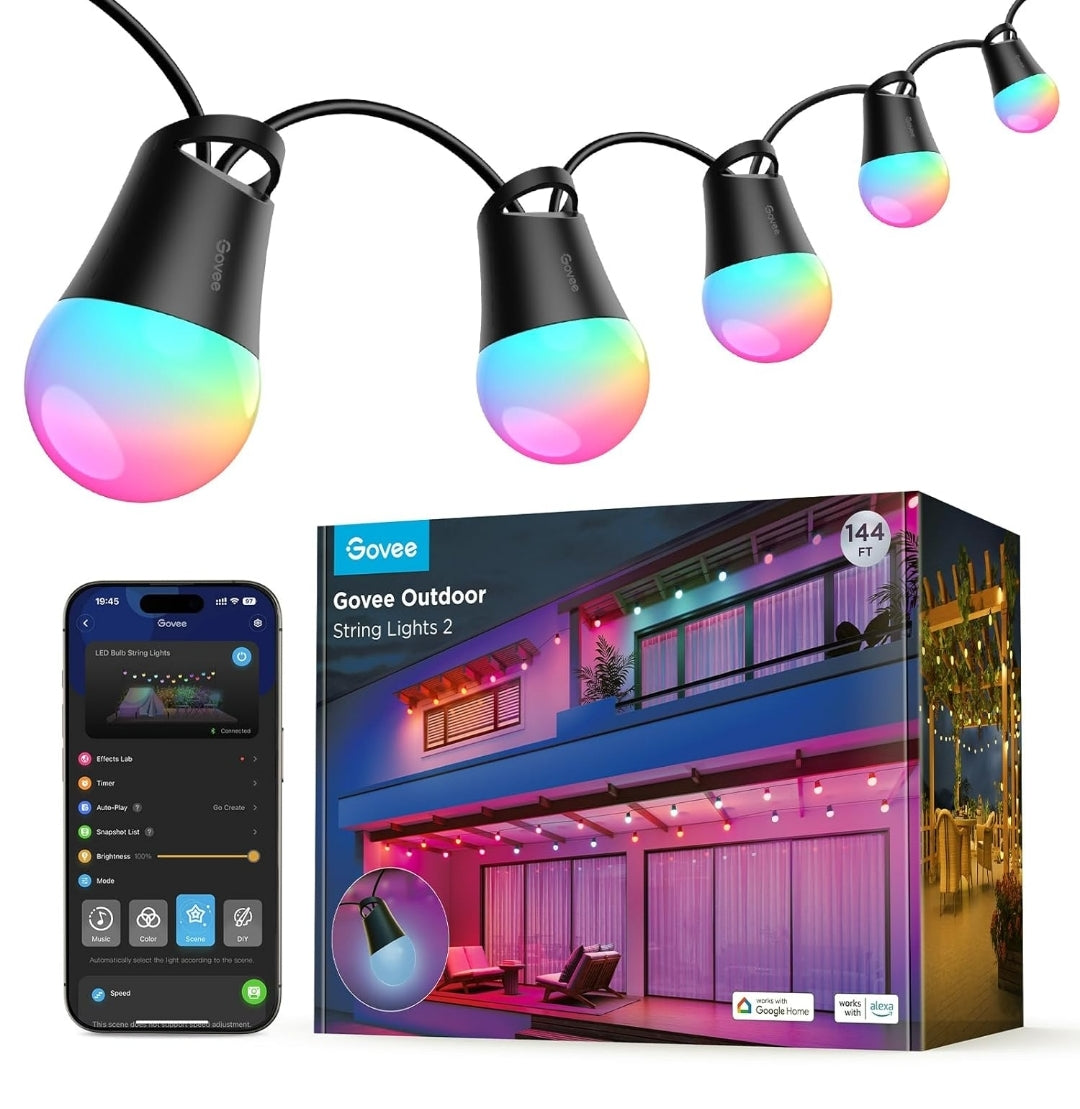 Govee Smart Outdoor String Lights 2, 144ft Outdoor Lights with Dimmable Warm White LED Bulbs, 47 Scene Modes for Patio, Backyard, Balcony, IP65 Waterproof, Works with Alexa, App Control