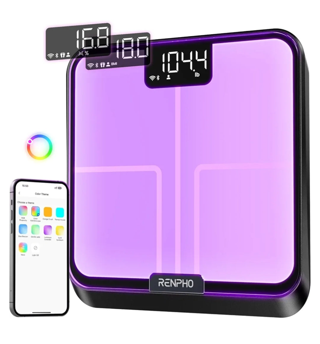 Smart Scale for Body Weight, BMI, Body Fat, Muscle Mass, BT Wi-Fi Rechargeable Scale, RGB Lighting Color Changing Scale, Sync with Fitness App