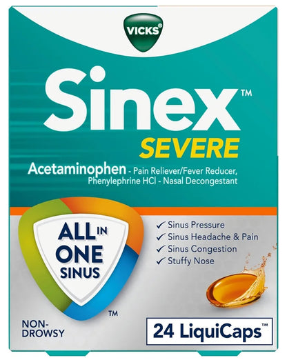 Vicks Sinex SEVERE LiquiCaps, All-In-One Sinusverligting, Maak Nie Lomerig Nie, Neusdekongestant