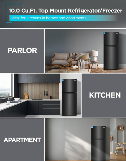 BLACK+DECKER 10 Kvt. Vt. Yskas met Bo-vrieskas, 2-deur Yskas met Bo-vrieskas en Verstelbare Temperatuurbeheer, ENERGY STAR, BR1000HB, Swart