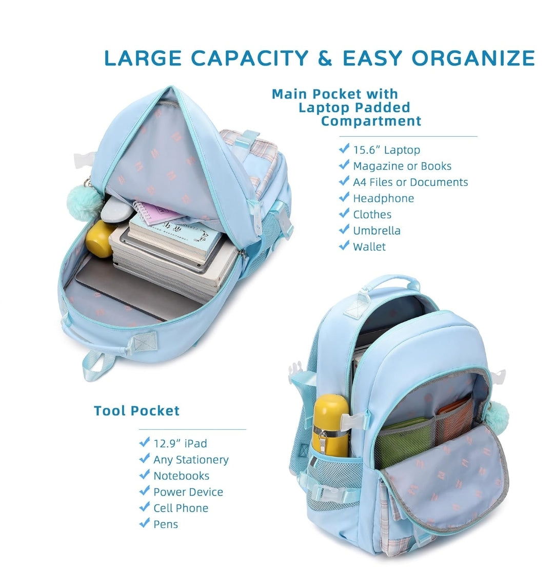 Backpack for Girls, 15.6 Inch Laptop School Bag Kids Kindergarten Elementary College Backpacks Large Bookbags for Teen Girl Women Students Casual Travel Daypacks (Blue)