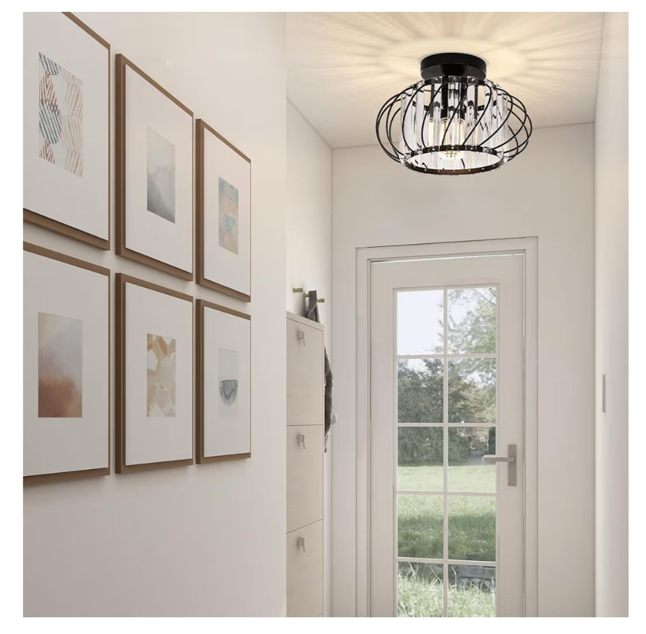 Semi-Flush Mount Plafonlig Kristalkandelaar Moderne Swart Plafonlig Armatuur, Gangbeligting