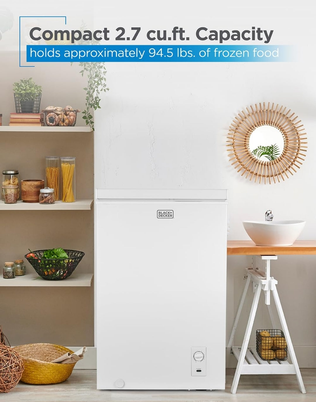 BLACK+DECKER 2.7 Kub. Vt. Kompakte Kisvrieskas, Diepvrieskas Hou Tot 94.5 Pond Bevrore Kos, Verwyderbare Bergingsmandjie, BCFK276, Wit
