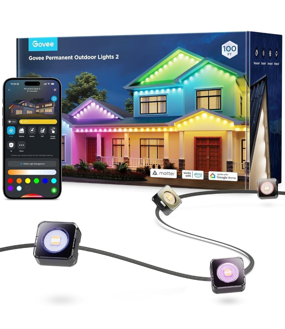 Permanent Outdoor Lights 2, 100ft RGBIC Outdoor Lights with 72 LED Lights, IP67 Waterproof, 100 Scene Modes with 40lm White for Outdoor Decorations, Works with Alexa, Google Assistant, Black